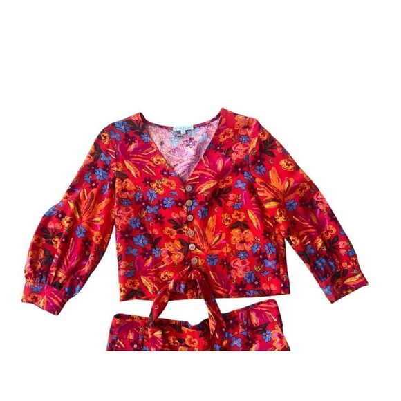 Anthropologie Maison d’ Amelie Red Floral Linen Button Top S, Trouser Pants M - Picture 5 of 8